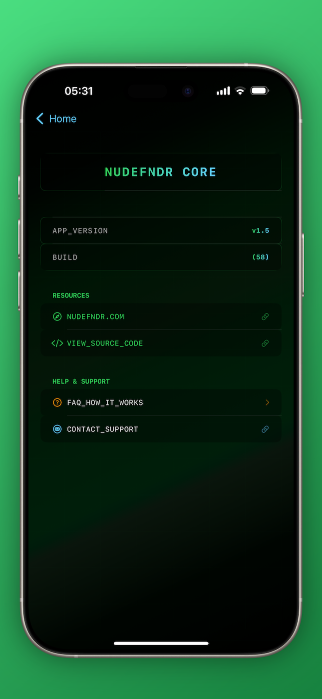NuDefndr settings screen